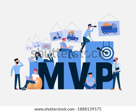The team develops MVP, Minimum viable product. Developers, system architects, analysts, designers and managers are working on a new product for users. A startup and its growth and market demand. Royalty-Free Stock Photo #1888139575