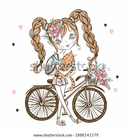 Cute fashionista teen girl with cat, Bicycle . My life. Vector.