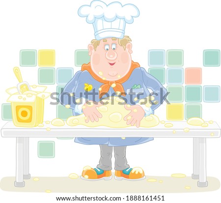 Funny fat cook in uniform standing at his kitchen table and kneading white dough to cook a tasty pie for a holiday, vector cartoon illustration isolated on a white background