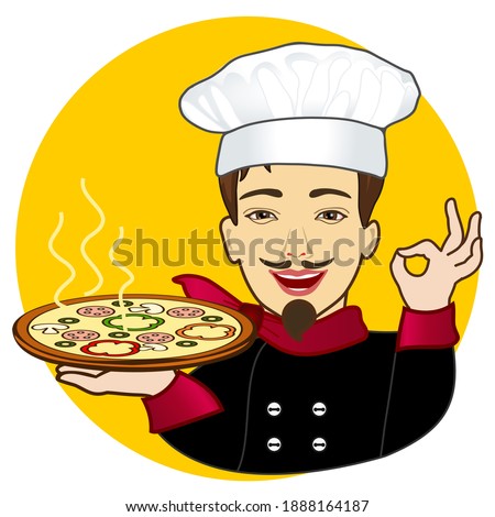 man cook holds in hand a round pizza with about sweet bell pepper, sausage and olives and the other hand shows italian sign very tasty, belissimo, clip art on white isolated background
