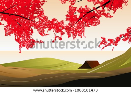 Autumn landscape, colorful red leaves over small hills and sea
