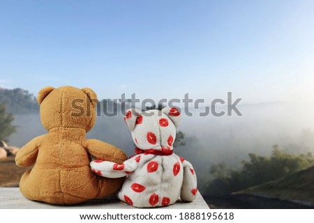 2 teddy bears on old wooden table on blurred nature background, concept of love.