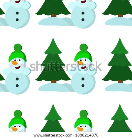 a snowman in a green cap stands near a Christmas tree a seamless pattern for design and decoration