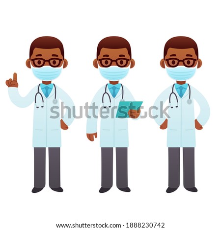 Black doctor cartoon illustration set. Male African American doctor in face mask standing and pointing. Cute cartoon medical character vector clip art.