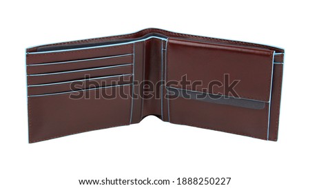 New brown blue open empty wallet of genuine cattle leather. Isolated on white background. Close-up shot 