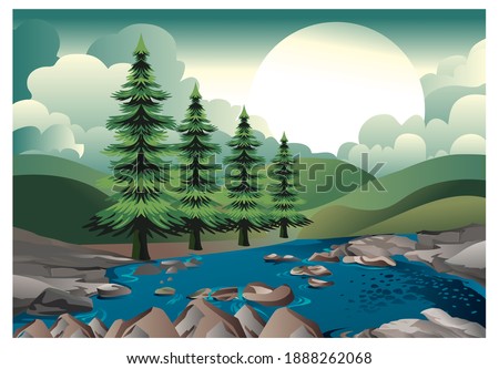 mountain lake under moon and pine trees forest