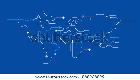 Airplanes travel abstract background - flying airplanes routes in the shape of the world map - Aviation and air travel concept - line art vector blue Royalty-Free Stock Photo #1888268899