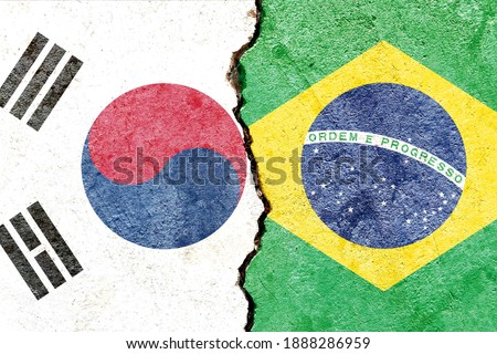 South Korea VS Brazil national flags icon isolated on broken weathered cracked concrete wall background, abstract international political relationship friendship conflicts concept texture wallpaper