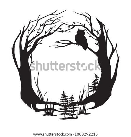 vector black and white illustration. round frame magical, fairy forest. silhouette of forest, trees, grass and an owl on a branch. background for postcard, book, design for halloween