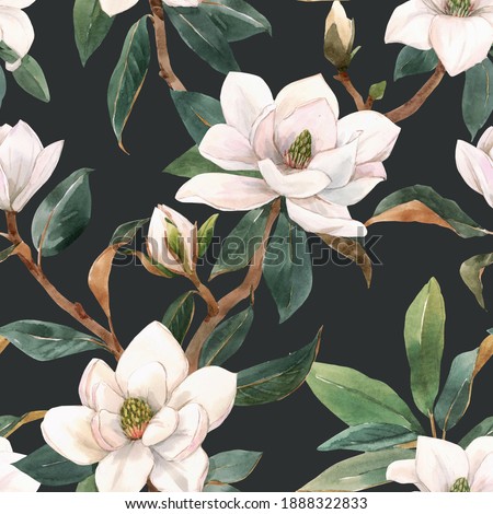 Beautiful seamless pattern with hand drawn watercolor white magnolia flowers. Stock illustration.