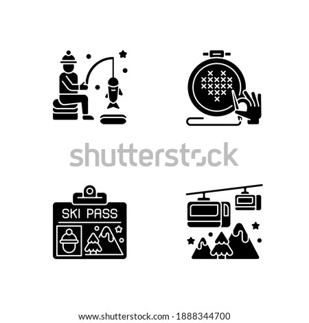 Winter seasonal activity black glyph icons set on white space. Ice fishing. Cross stitching. Ski pass. Cable railway. Festive holiday. Silhouette symbols. Vector isolated illustration