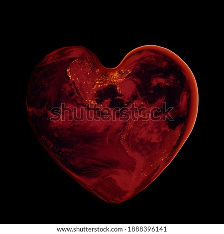 Planet Earth is red in the shape of a heart on a dark background of space. A habitable planet of the solar system. Elements of this image are provided by NASA.