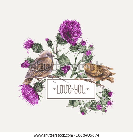 Vector watercolor bird on a branch with thistle greeting card. Vintage botanical illustration.