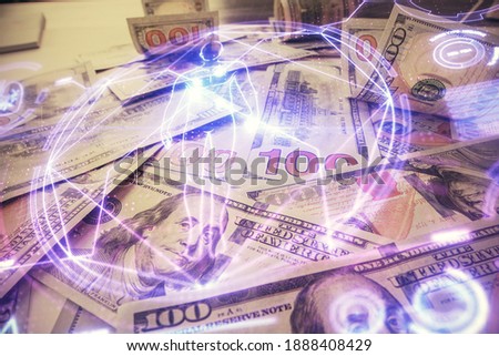 Double exposure of education theme drawing over usa dollars bill background. Concept of study.