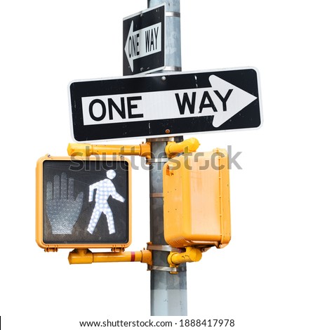 Traffic light for pedestrians and road signs with text - One Way, isolated on white background