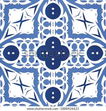 Ornamental azulejo portugal tiles decor. Vector seamless pattern texture. Geometric design. Blue gorgeous flower folk print for linens, smartphone cases, scrapbooking, bags or T-shirts.