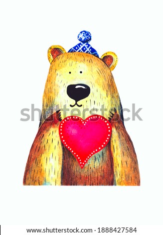 Valentine's Day teddy bear and heart watercolor illustration isolated on white background.Background for printing a brochure, poster, party, vintage textile design, postcard, fabric, wallpaper or pack