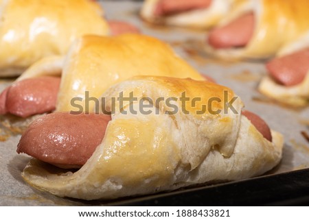 Soft focus. Close-up of baked hot dogs in dough on a baking sheet. Cooking in the oven.