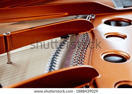 Interior of a grand piano, showing strings