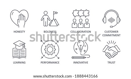 Vector company values icons. Editable stroke. Illustration on white background. Collaboration customer commitment innovative performance trust boldness honesty learning Royalty-Free Stock Photo #1888443166