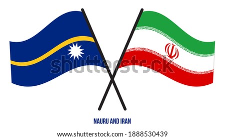 Nauru and Iran Flags Crossed And Waving Flat Style. Official Proportion. Correct Colors.