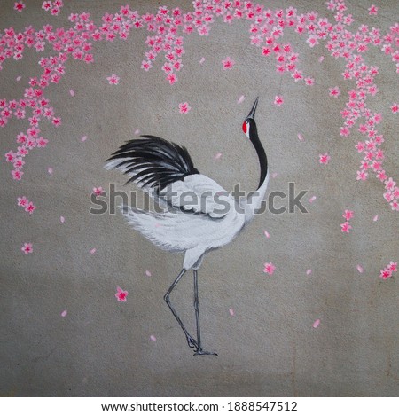 Acrylic painting of grus crane under sakura tree.