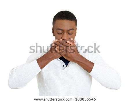 Closeup portrait, silent young man covering closed mouth and eyes. Speak no evil concept, isolated white background. Negative human emotions, facial expressions signs, symbols. Media news coverup