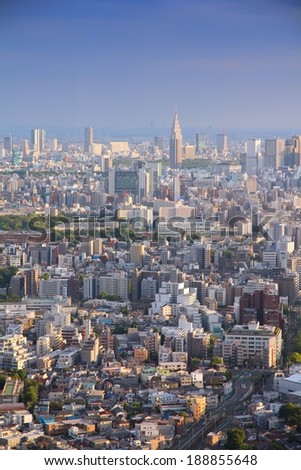 Tokyo, Japan - aerial view of Shinjuku and Toshima district with Okubo area. Modern city.