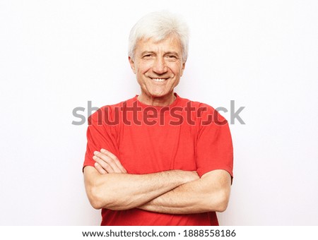 Portrait of healthy happy smile senior elderly caucasian old arm crossed with copy space isolated on white. Golden age healthcare cheerful lifestyle freedom relax retirement concept