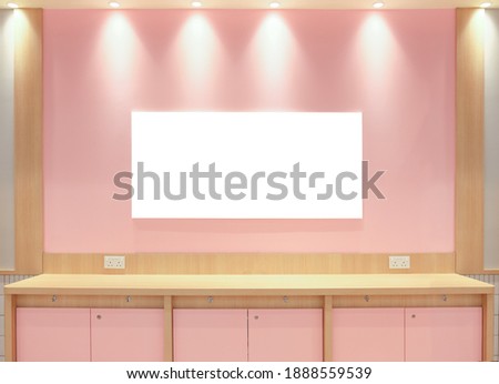Board and eat-in countertop inside a department store. Template of an interior empty information display, Mock-up of a banner placeholder and poster.