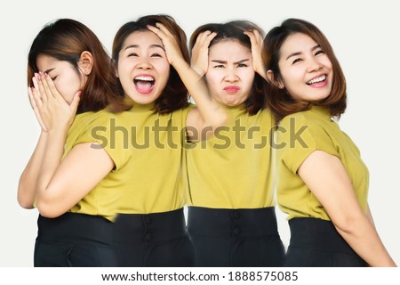 Asian woman having mood swings with different emotions sad, moody, happy, angry feelings on face, multiple personality disorder concept  Royalty-Free Stock Photo #1888575085