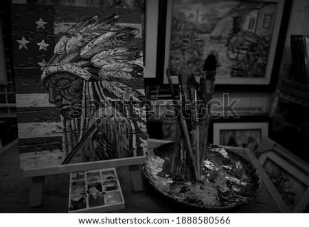    Art elements Black and white  painting Oil color  Red Indian , Native American    background  from thailand                