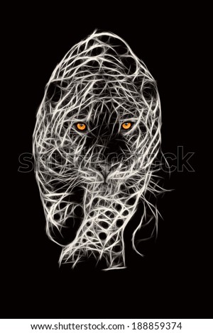 A ferocious panther like jaguar, a powerful black animal with fractal patterns, locks eyes in an intense stare as it prepares to attack; its tiger like head isolated on a pitch black backdrop.