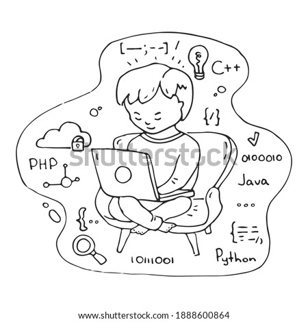 Hand drawn cartoon Software developer. Vector illustration of programmer working on web development on computer. Concept of script coding and programming in php, python, javascript, other languages.