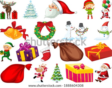 Set of Christmas objects isolated on white background illustration