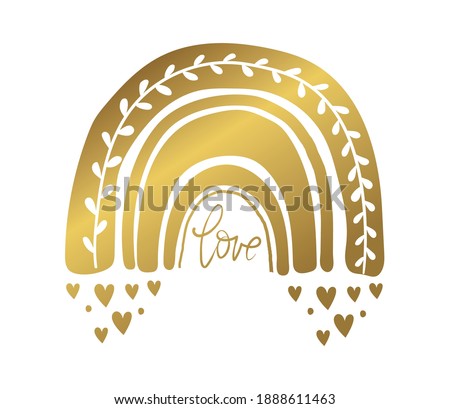 Abstract illustration of rainbow with hearts, vintage gold foil design in boho style, cute tattoo. Modern clip-art. Simple vector illustration isolated on white background.