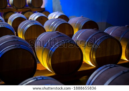 Champagne brut sparkling wine production in oak wooden barrels in dark underground cellar, Reims, Champagne, France