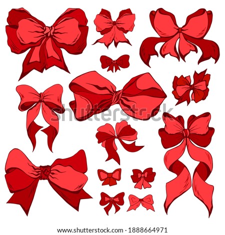 A set of red hand-drawn bowknots isolated on white background. Collection of cute flat vector bows elements for holiday design.