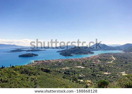 landscape of the beautiful nidri and small island scorpios of leukada in Greece