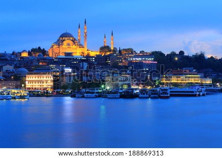 Istanbul Suleymaniye Mosque at nighttime. Royalty-Free Stock Photo #188869313