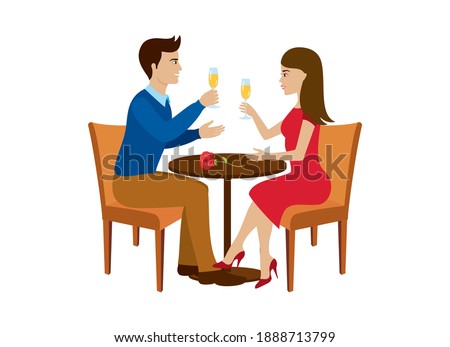 Beautiful loving couple toasting with champagne icon vector. Young couple having date in bar, drinking wine and talking vector. Couple in love at the table vector. Man and woman on a date icon