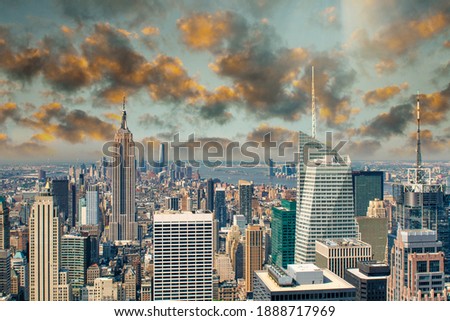 Amazing sunset of Manhattan skyscrapers, New York City aerial view at dusk