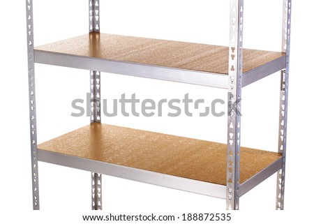 empty galvanized shelves with wooden boards
