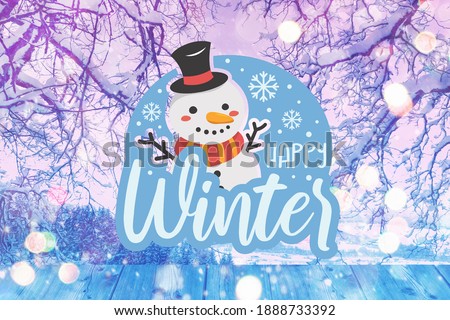 Happy winter greeting card or poster with snowman and snowflakes