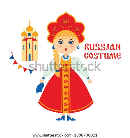 Female wearing Russian folk costume, Russian woman next to church, temple.