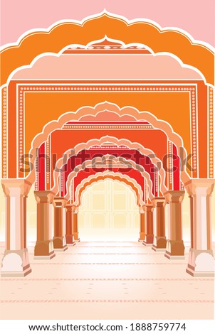 Indian temple vector illustration. Arches ancient building spirituality. touristic place. Palace. Yoga spa symbol. Orange, red, pastel colours. Religious architecture. Separate frames, Columns Royalty-Free Stock Photo #1888759774