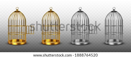 Bird cages, vintage empty birdcages of golden and silver colors, metal jails with open and closed doors isolated on transparent background. Steel and gold traps, realistic 3d vector illustration, set Royalty-Free Stock Photo #1888764520