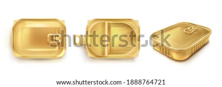 Golden tin can for sardine in top and perspective view. Vector realistic mockup of rectangle metal container for fish and tuna. Empty conserve box with open and closed lid isolated on white background