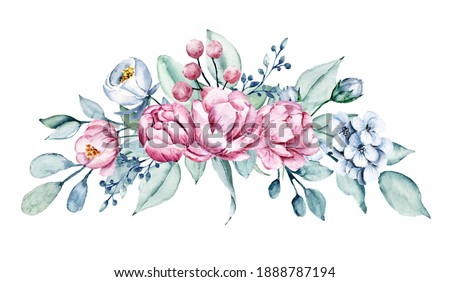 Blue and pink flowers watercolor, floral clip art. Bouquet peonies perfectly for printing design on invitations, cards, wall art and other. Arrangement isolated on white background. Hand painting.