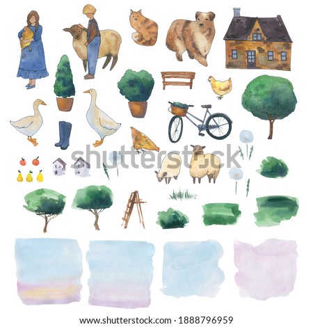 farm animal clipart, garden watercolor landscape clipart, summer clipart, cottagecore art, people clipart, gardening clip art, farm house